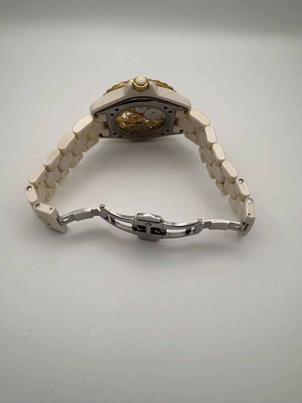 Adrienne Gold‎ Skeleton Dial Watch with Ceramic Band New Battery Works!